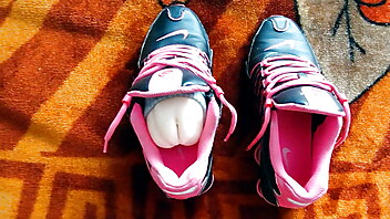 Shoe fucking feet, my wife was used, milf fleshlight handjob, cum feet on the shoes, shoe feet cum, handjob wife big cock