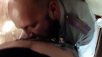 Policeman gay movies, cock in her throat, deep in her throat, big cock beard, policeman fuck