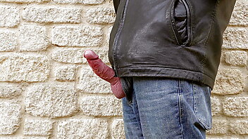 Gay couple playing, masturbation cum dripping, mushroom head edging, leather couple, public cumshot couple